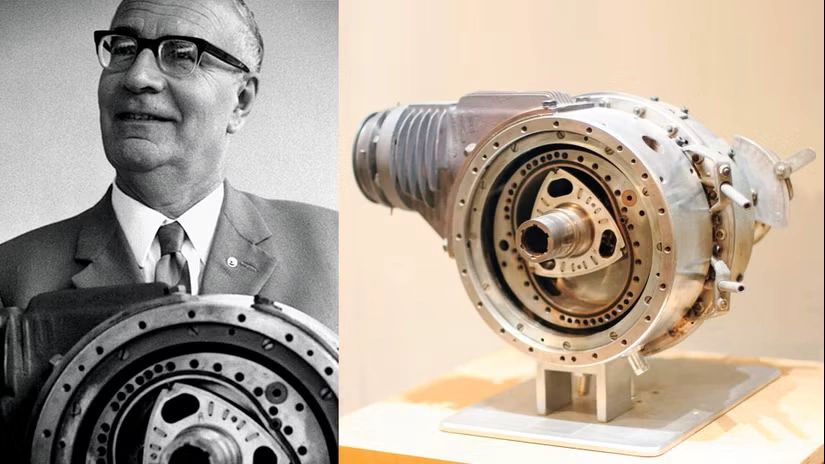On the left is Felix Wankel himself, the German engineer whose unconventional thinking rewrote the rulebook on internal-combustion design. Beside him sits the hardware that made his name famous: a cutaway-style rotary engine that reveals the triangular rotor and epitrochoid housing at the heart of the concept. Compared to a traditional piston engine, the Wankel design was lighter, smoother, and mechanically simpler—traits that made executives like Ed Cole believe it could power GM’s next generation of cars. That same promise would ultimately send Chevrolet and Zora Arkus-Duntov down the path toward a mid-engine, rotary-powered Corvette experimental…even as the engine’s thirst for fuel and tricky emissions behavior threatened to undermine the dream. On the left is Felix Wankel himself, the German engineer whose unconventional thinking rewrote the rulebook on internal-combustion design. Beside him sits the hardware that made his name famous: a cutaway-style rotary engine that reveals the triangular rotor and epitrochoid housing at the heart of the concept. Compared to a traditional piston engine, the Wankel design was lighter, smoother, and mechanically simpler—traits that made executives like Ed Cole believe it could power GM’s next generation of cars. That same promise would ultimately send Chevrolet and Zora Arkus-Duntov down the path toward a mid-engine, rotary-powered Corvette experimental…even as the engine’s thirst for fuel and tricky emissions behavior threatened to undermine the dream.