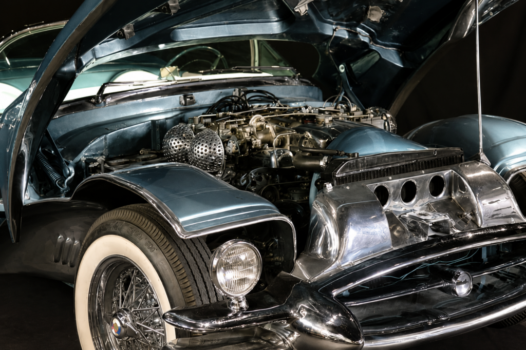 1954 Buick Wildcat II's 322-cubic-inch (5.3-liter) overhead-valve V8 engine with its four-sidedraft carburetors.