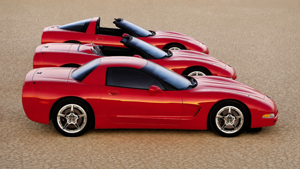 2000 Corvette Coupe (rear), convertible (center), and FRC/Fixed Roof Coup (front).