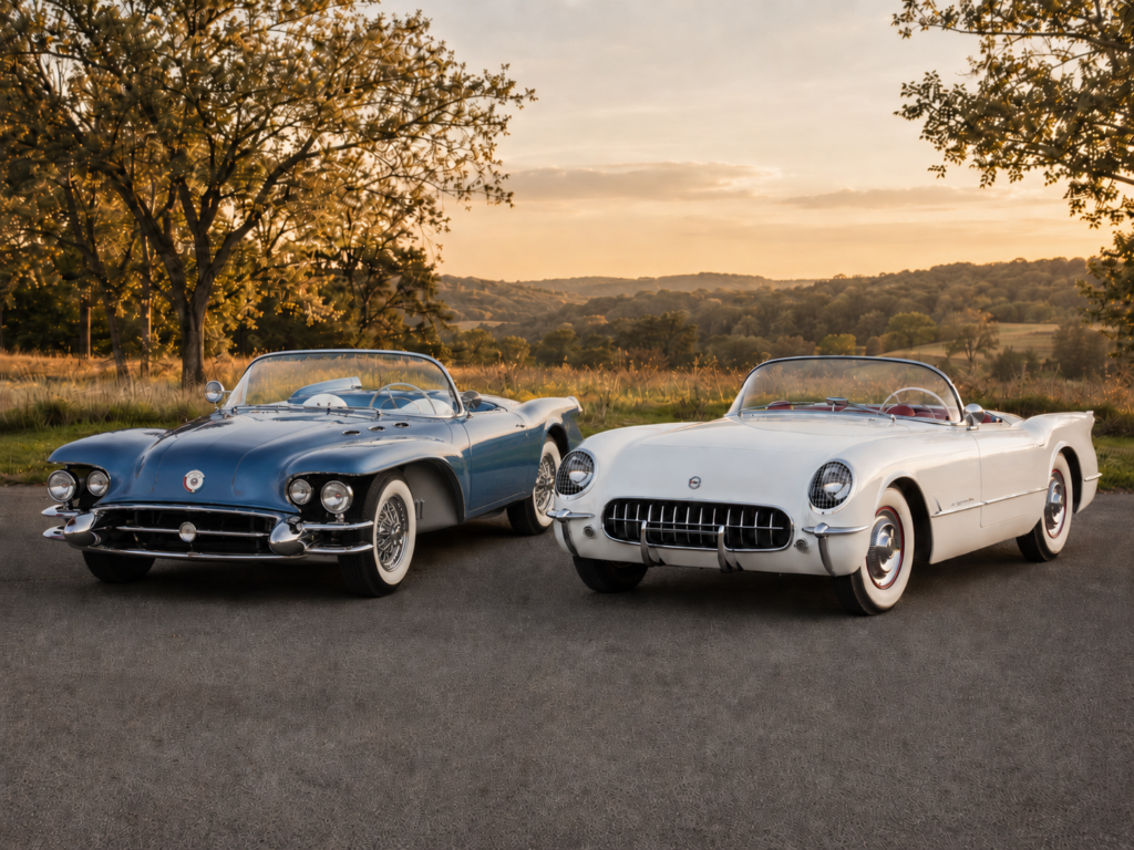 1954 Buick Wildcat II and 1954 Corvette on display in countryside.
