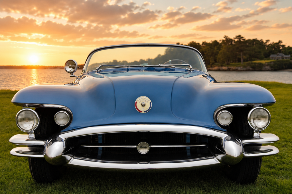 Front view of the 1954 Buick Wildcat II at sunset.