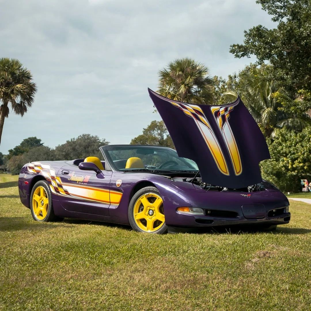 The ’98 Indy 500 Pace Car mattered because it proved the new C5 convertible’s structure in the harshest spotlight—top down at speed, with no gimmick mechanicals, just strobe gear and safety mods. It also debuted GM’s boldest late-’90s look and helped launch the return of the Corvette ragtop for the C5 era. Many replicas (1,163) were sold nearly spec-for-spec with the real pacers, turning a one-day assignment into a rolling validation of the platform. In short: engineering credibility, broadcast in purple and yellow.