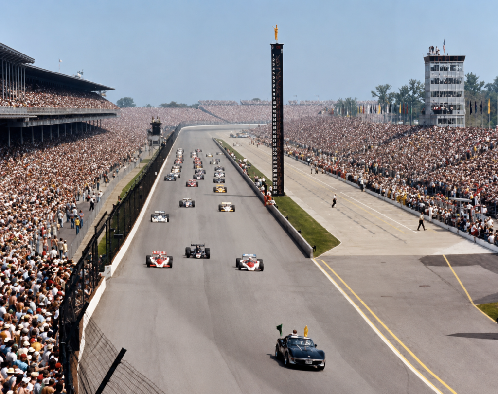 May 28, 1978: the 62nd Indianapolis 500 comes to life as Jim Rathmann leads the field in a black-over-silver Corvette—the model’s first time pacing the 500. A packed Speedway surges as the field charges past the scoring pylon; hours later, Al Unser Sr. would claim his third Indy win, while the Corvette’s moment on point became a showroom phenomenon.
