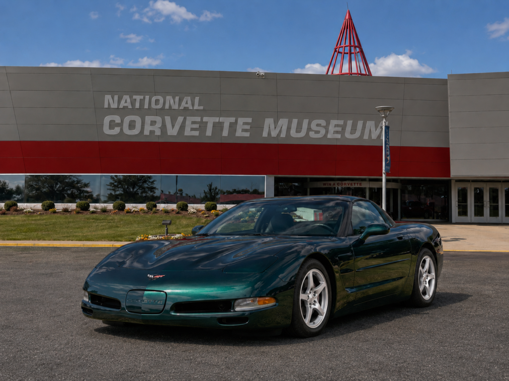2000 Corvette coupe in Dark Bowling Green Metallic parked in front of the National Corvette Museum in Bowling Green, Kentucky.