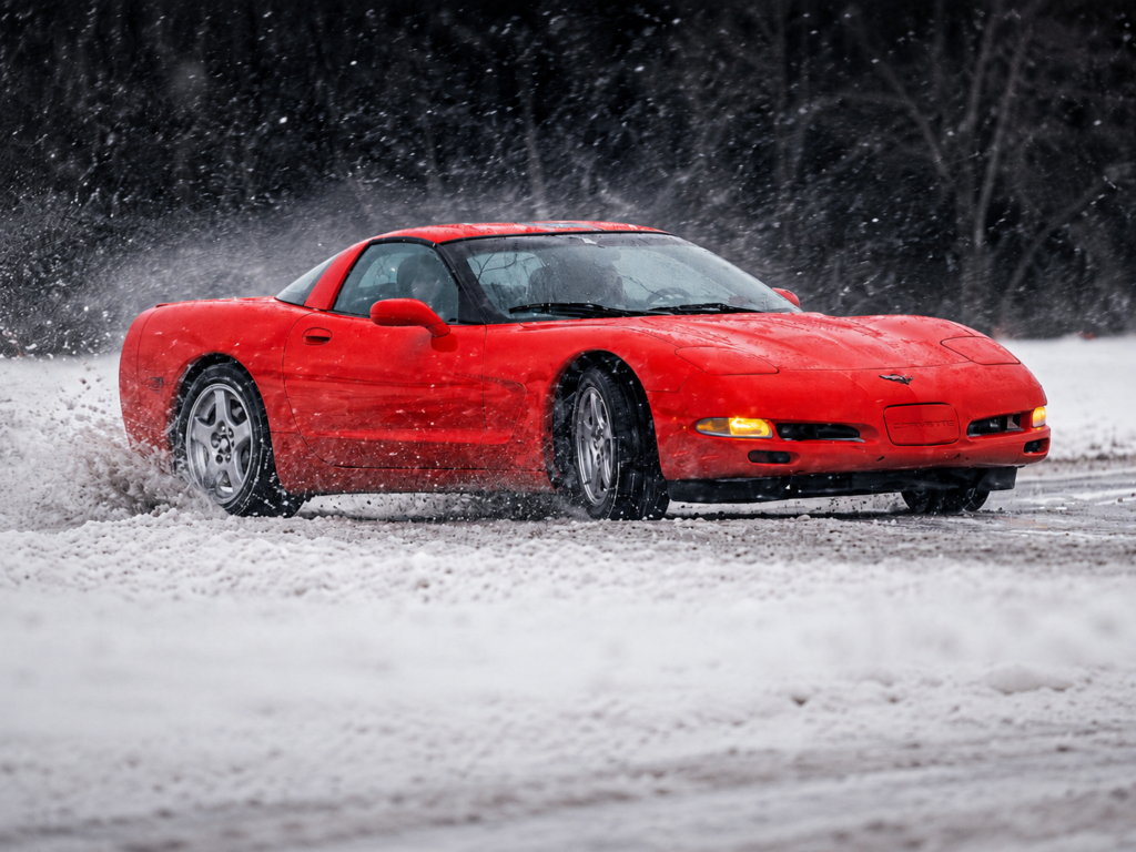 Red 2001 Corvette driving through a snow-covered parking area as Active Handling helps stabilize the car during a controlled slide in winter conditions.