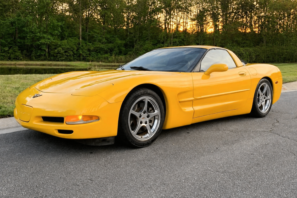 Yellow 2001 Chevrolet Corvette coupe parked beside a wooded pond at sunset, shown from the front three-quarter angle with warm evening light reflecting across the bodywork.