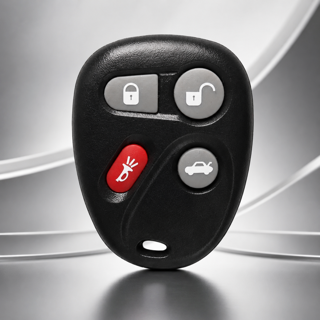 Close-up of a black 2001 Chevrolet Corvette remote key fob with gray lock, unlock, and hatch-release buttons and a red panic button, displayed against a metallic abstract background.