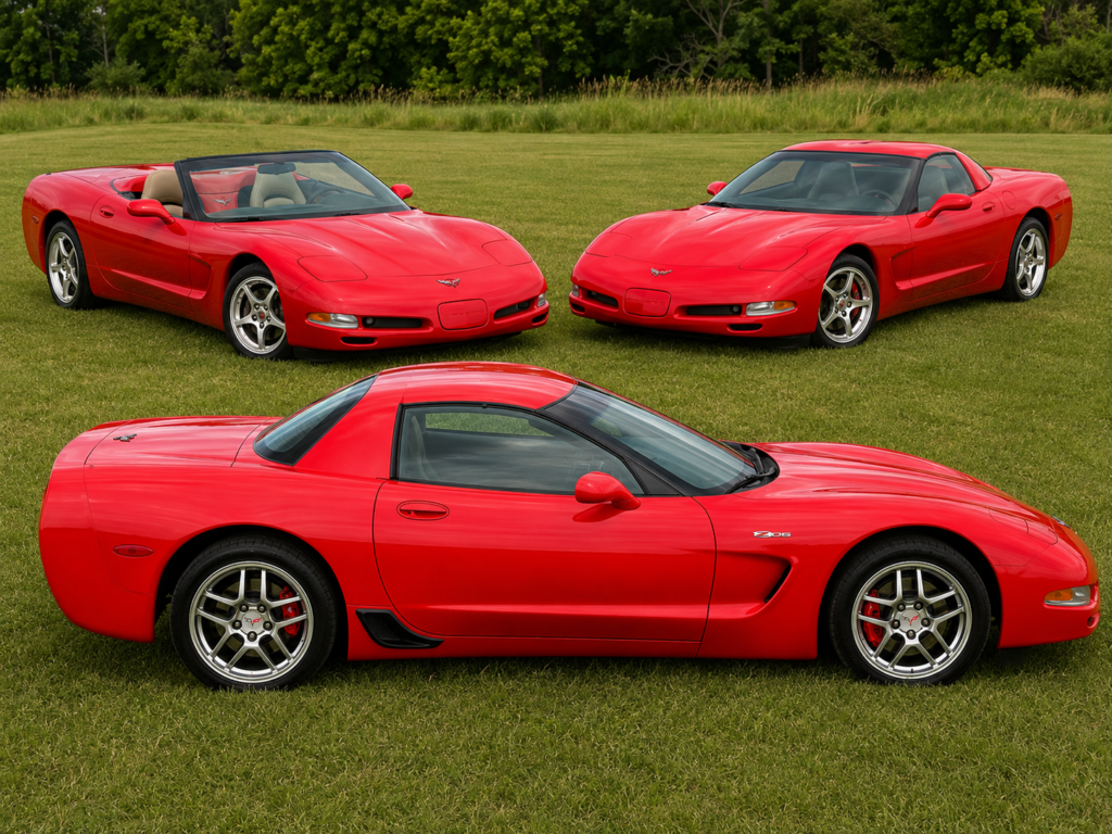 2001 C5 Corvette Convertible (left), Coupe (right), and Z06 Coupe models on display in a grassy field.