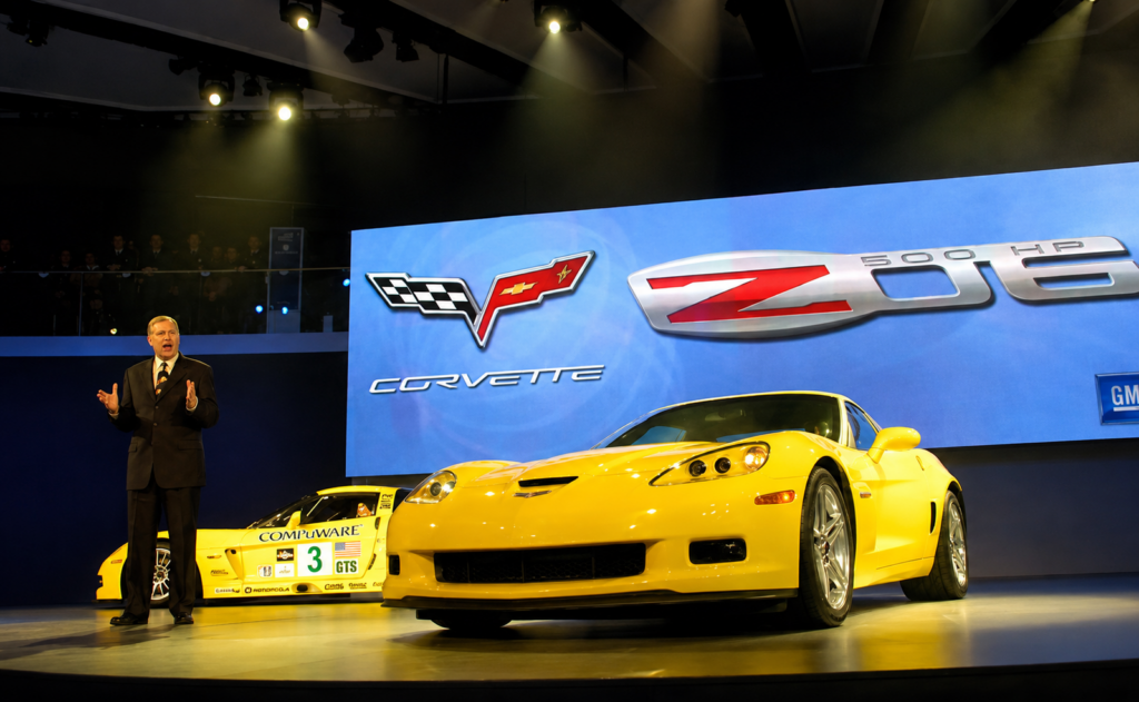 The 2005 C6.R and the 2006 Corvette Z06 are revealed at the North American International Auto Show in Detroit, Michigan on January 10, 2005. (Image courtesy of Mark Scheuern)