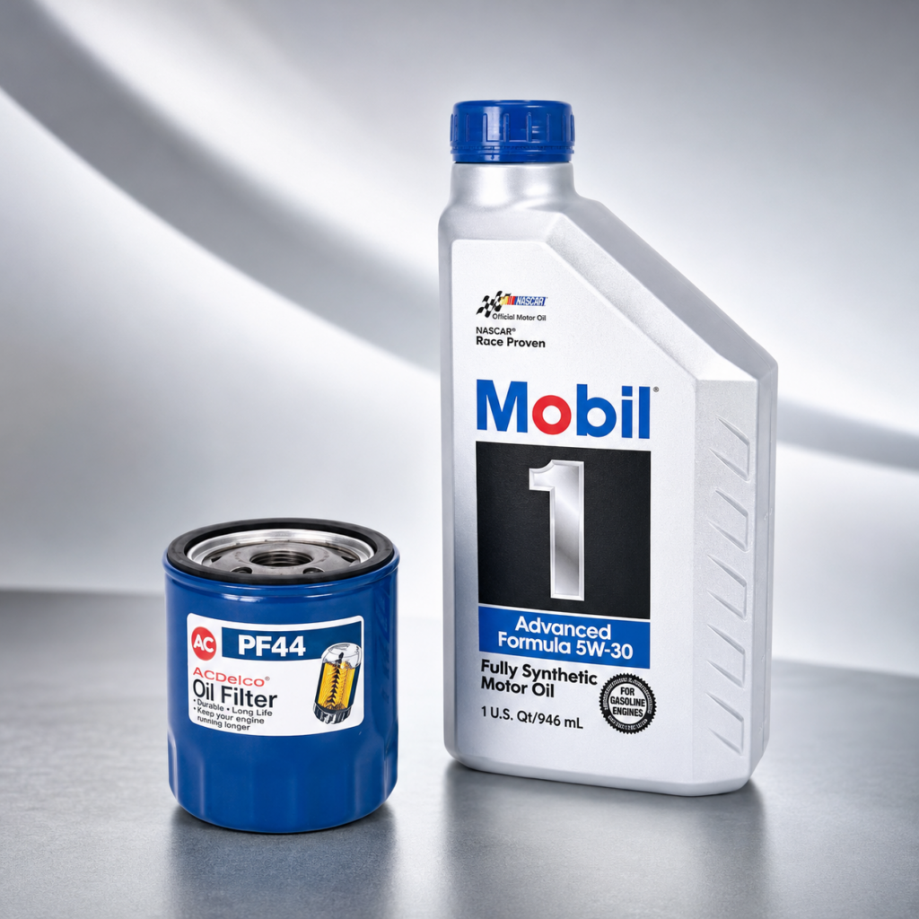 Mobil 1 synthetic motor oil and an ACDelco oil filter displayed together, representing the lubricants and filtration products used to support the 2001 Corvette’s high-performance engine and extended oil-change intervals.