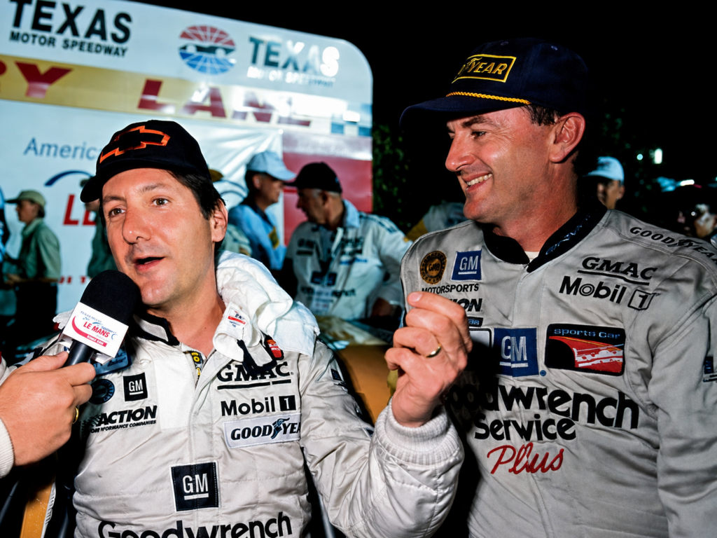 Andy Pilgrim and Ron Fellows at their first win in the 2000 C5-R Corvette at Texas Motor Speedway.