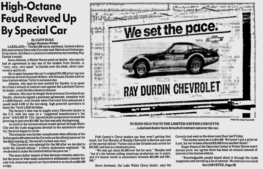This clipping is peak 1978: a punchy headline, a local dealer feud, and quotes about breached agreements, markups, and auction prices—$14K sticker cars bringing $23.8K wholesale and talk of $25–30K retail. The ad-style photo (“We set the pace”) for the very car in dispute shows how showroom theater and news coverage blurred. It’s classic late-’70s newspapering—business-and-consumer drama packaged as community news, inflation anxieties channeled through a hot product, and lively on-the-record quotes that amplified the buzz as much as they reported it. This clipping is peak 1978: a punchy headline, a local dealer feud, and quotes about breached agreements, markups, and auction prices—$14K sticker cars bringing $23.8K wholesale and talk of $25–30K retail. The ad-style photo (“We set the pace”) for the very car in dispute shows how showroom theater and news coverage blurred. It’s classic late-’70s newspapering—business-and-consumer drama packaged as community news, inflation anxieties channeled through a hot product, and lively on-the-record quotes that amplified the buzz as much as they reported it.
