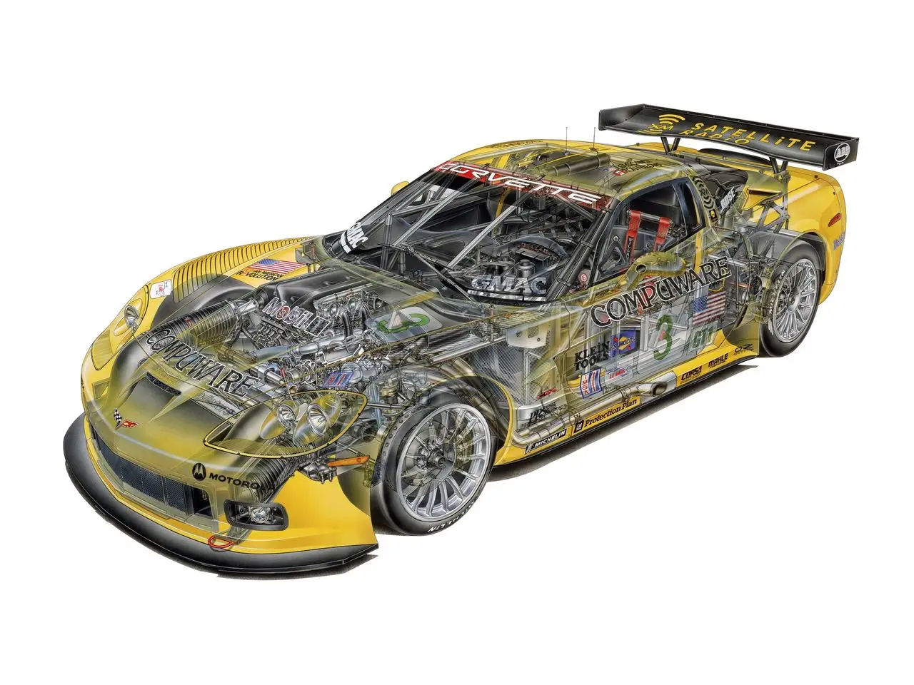 Detailed engineering rendering of the C6.R GT1 Corvette. Detailed engineering rendering of the C6.R GT1 Corvette.