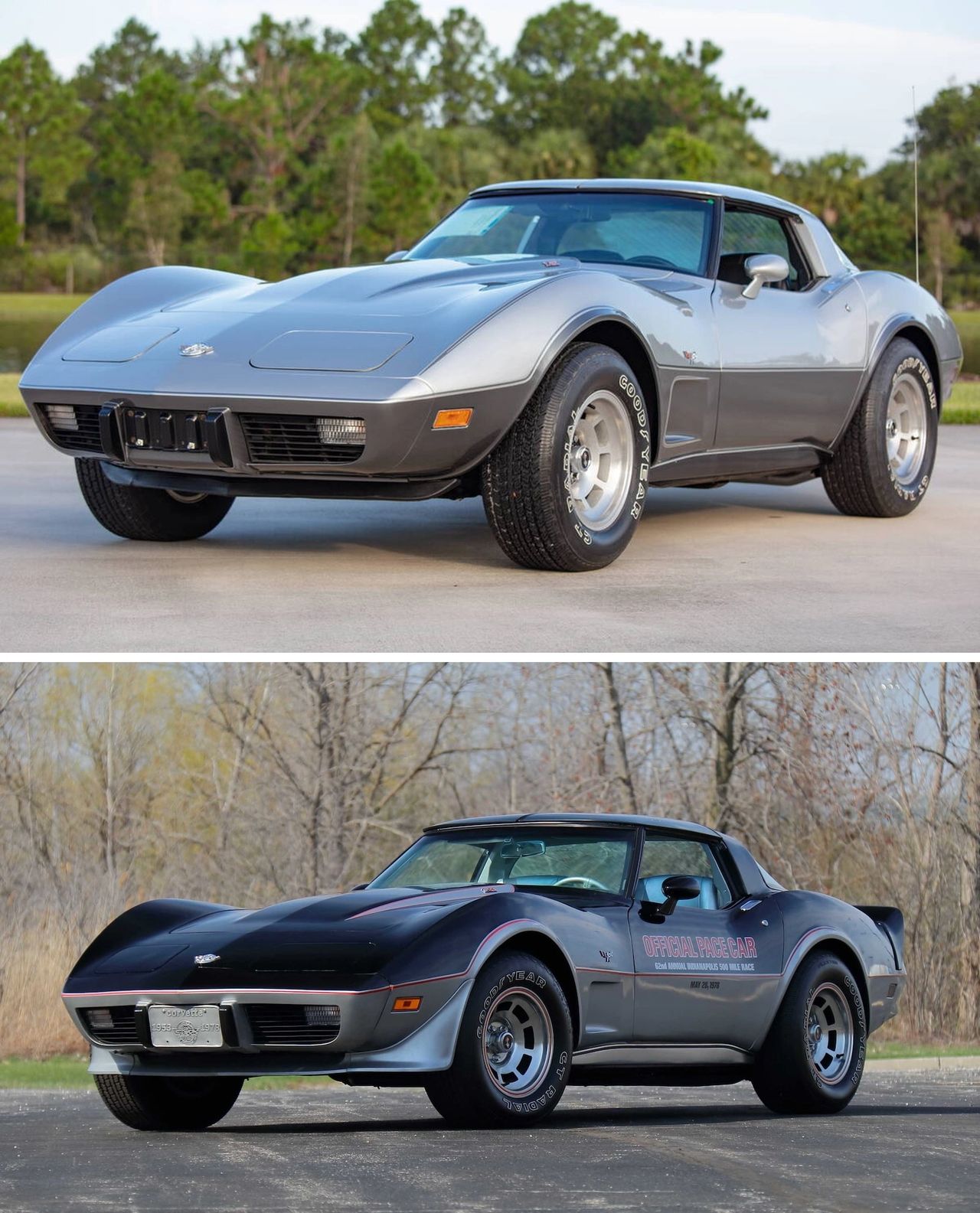 Two 1978 stories, one refreshed C3. Up top is the Silver Anniversary two-tone (RPO B2Z), the tasteful birthday suit for Corvette’s 25th. Below is the Limited Edition Indy 500 Pace Car (RPO Z78): black over silver with the knife-edge red pinstripe, spoilers, and decals shipped in the trunk. Both wore the new fastback glass and cleaner interior that debuted for ’78—but the Pace Car is the one that lit the frenzy, turning a milestone into a market phenomenon. Two 1978 stories, one refreshed C3. Up top is the Silver Anniversary two-tone (RPO B2Z), the tasteful birthday suit for Corvette’s 25th. Below is the Limited Edition Indy 500 Pace Car (RPO Z78): black over silver with the knife-edge red pinstripe, spoilers, and decals shipped in the trunk. Both wore the new fastback glass and cleaner interior that debuted for ’78—but the Pace Car is the one that lit the frenzy, turning a milestone into a market phenomenon.