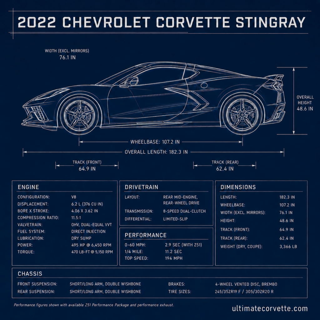 Blue technical-style specification graphic of a 2022 Chevrolet Corvette Stingray side profile with labeled dimensions and key specs.