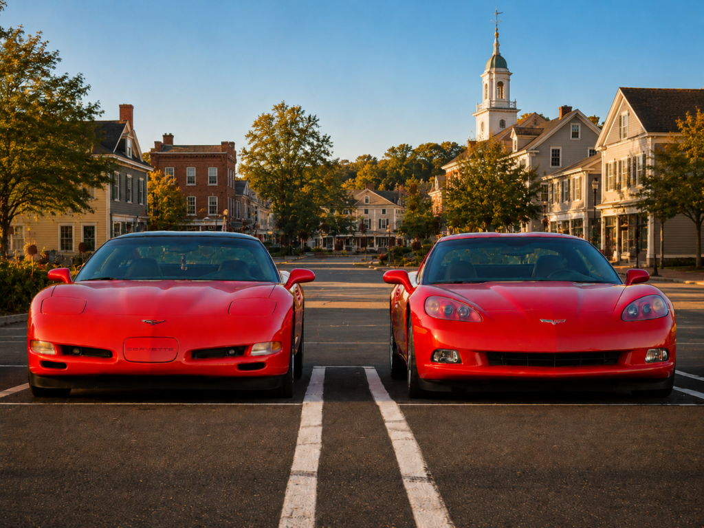 C5 Corvette (left) and C6 Corvette (right) parked amidst a small New England Town.