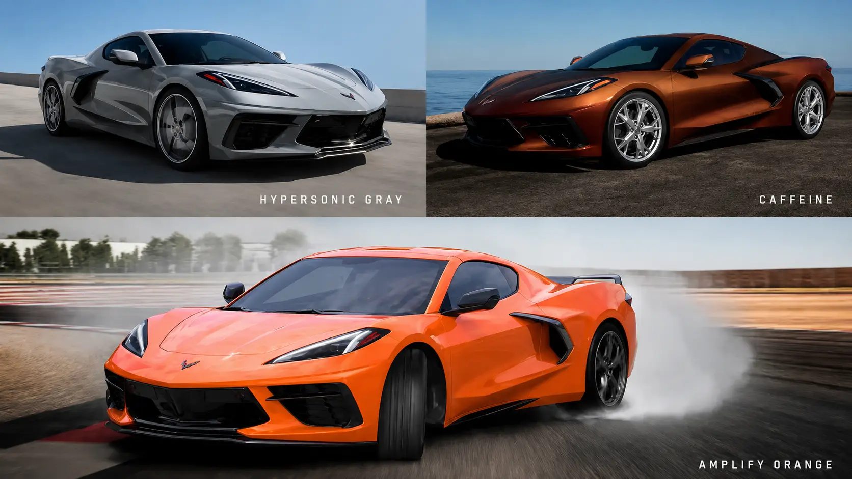 Three-panel image showing 2022 Corvette Stingrays finished in Hypersonic Gray Metallic, Caffeine Metallic, and Amplify Orange Tintcoat.