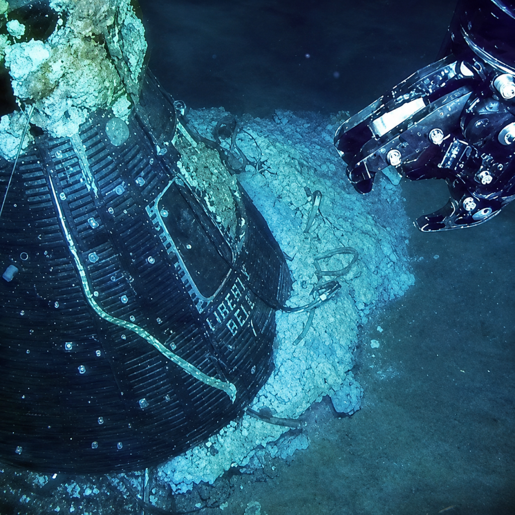 Liberty Bell 7 resting on the Atlantic Ocean floor as remotely operated recovery equipment approaches the Mercury spacecraft in 1999.