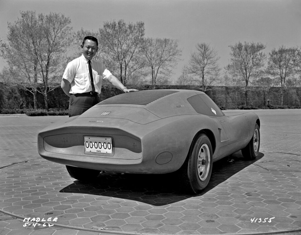 Larry Shinoda and the full size clay of the Corvair Monza GT at the GM Technical Center in Detroit, Michigan.