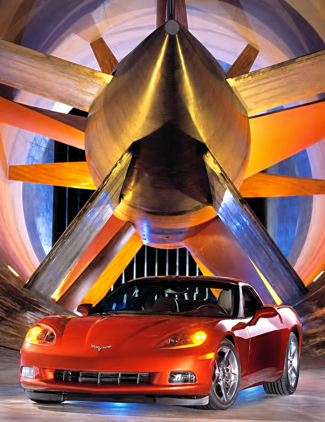 2005 Corvette parked inside the wind tunnel at GM's Michigan design center.
