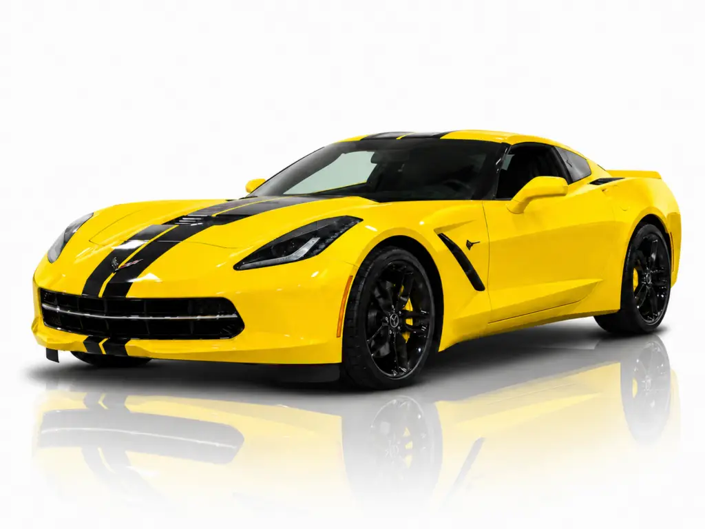 Yellow 2015 Chevrolet Corvette Stingray shown in a front three-quarter view, featuring black racing stripes and black wheels, isolated against a white studio background with a softly fading mirrored reflection beneath the car.