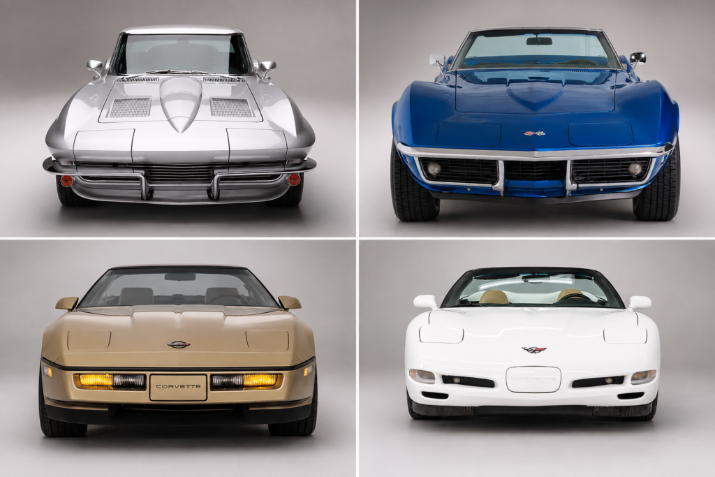 C2 (upper left), C3 (upper right), C4 (lower left), C5 (lower right) Corvettes all featured retractable headlamps.