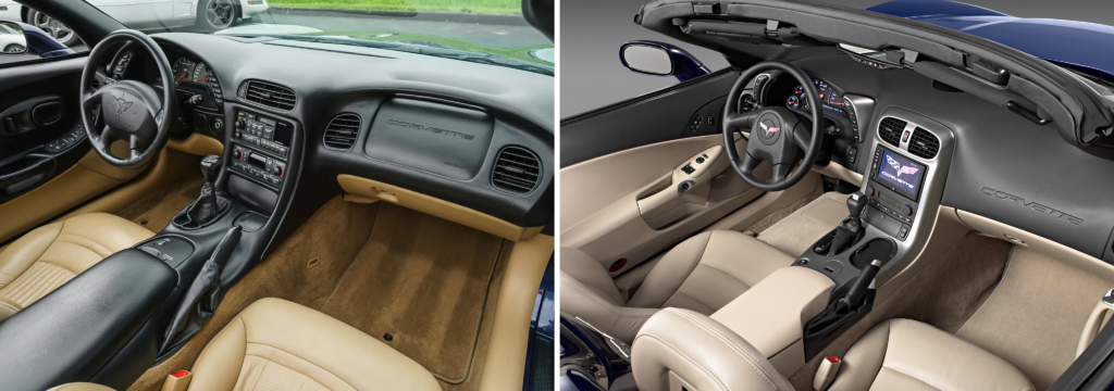 Interior comparisons of the C5 Corvette (left) and the C6 Corvette (right)
