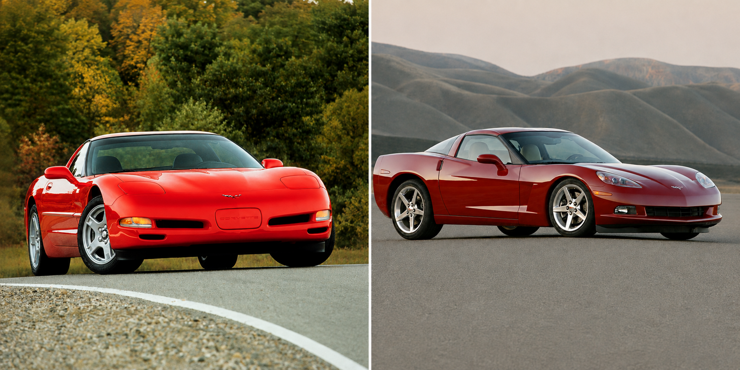 2004 C5 Corvette in Red and 2005 C6 Corvette also in red.