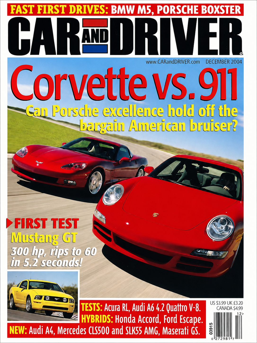 Car and Driver Magazine, December 2004, featuring a Corvette vs. Porsche 911 Feature