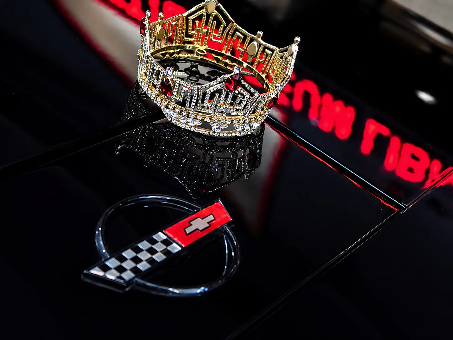 Miss America crown on the hood of a 1988 Corvette.