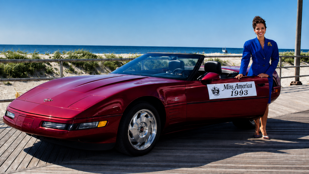 Miss America 1993 Leanza Cornett stands beside her Ruby Red 40th Anniversary 1993 Corvette Convertible on the Atlantic City Boardwalk, with the beach and Atlantic Ocean in the background.