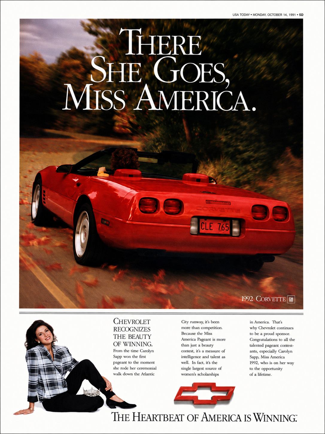 Chevrolet advertisement showing a red 1992 Corvette convertible driving along a leaf-covered road beneath the headline “There She Goes, Miss America,” with a portrait of Carolyn Sapp, Miss America 1992, promotional copy, and Chevrolet’s “Heartbeat of America” branding below.