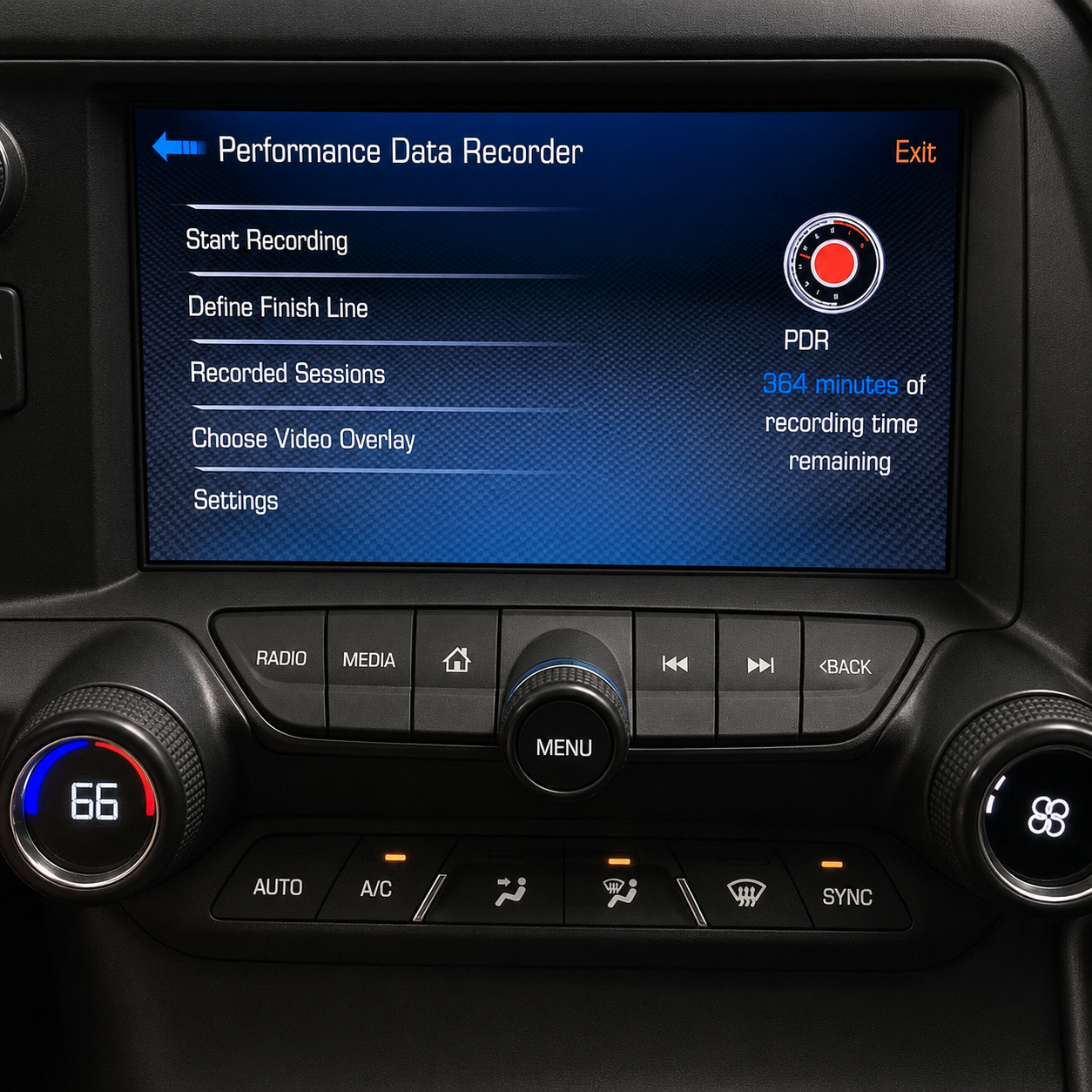 2015 Chevrolet Corvette center infotainment display showing the Performance Data Recorder menu with options to start recording, define a finish line, review recorded sessions, choose a video overlay, and adjust PDR settings.