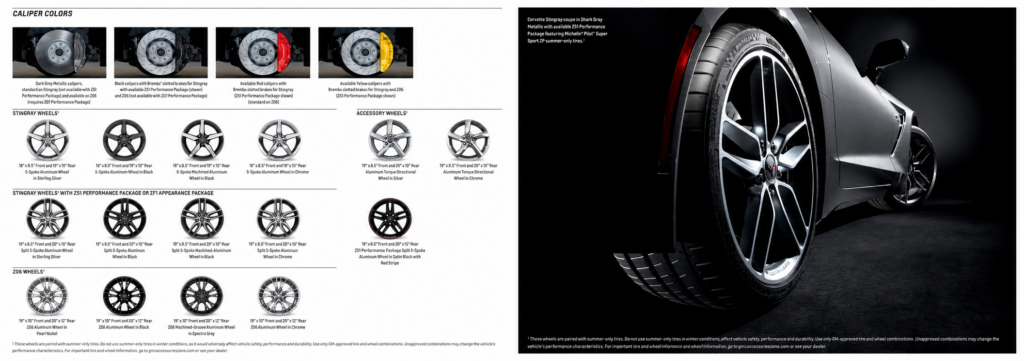 Two-page 2015 Chevrolet Corvette brochure spread showing available brake-caliper colors and wheel designs for Stingray, Z51 and Z06 models, alongside a close-up image of a Shark Gray Stingray fitted with Z51 wheels and Michelin Pilot Super Sport tires.