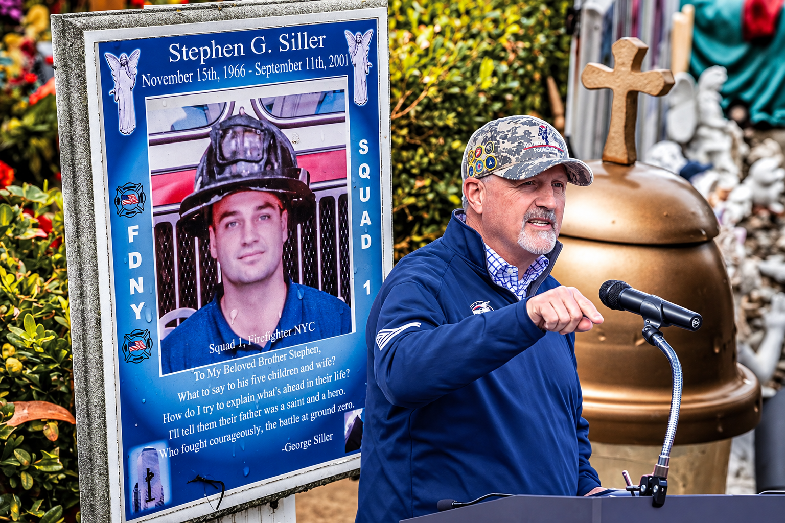 Frank Siller speaks at a memorial event beside a tribute to his brother, FDNY firefighter Stephen G. Siller, whose sacrifice on September 11, 2001 inspired the creation of the Tunnel to Towers Foundation.