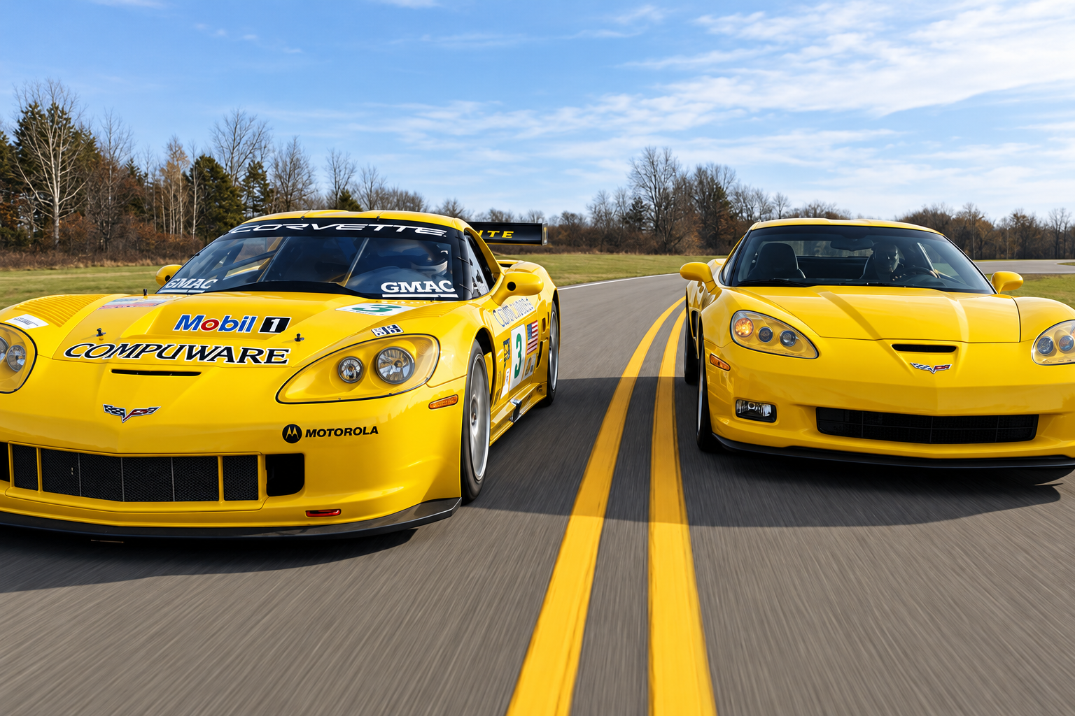 Front three-quarter view of two yellow 2006 Chevrolet Corvettes driving side by side on a paved test track. On the left is the No. 3 Corvette C6.R race car, featuring Compuware, Mobil 1, GMAC, and Motorola sponsorship decals, a large rear wing, and racing aerodynamics. On the right is a production 2006 Corvette Z06, showcasing its road-going design. The image highlights the shared styling and engineering heritage of Chevrolet’s C6 Corvette racing and production programs.