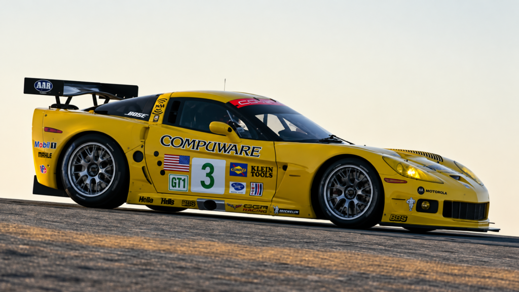 Yellow No. 3 Compuware Chevrolet Corvette C6.R GT1 race car crests a rise on a racetrack during the 2006 racing season. Photographed from a low, front three-quarter angle against a bright sky, the Corvette displays its distinctive aerodynamic bodywork, large rear wing, racing wheels, and sponsor graphics.