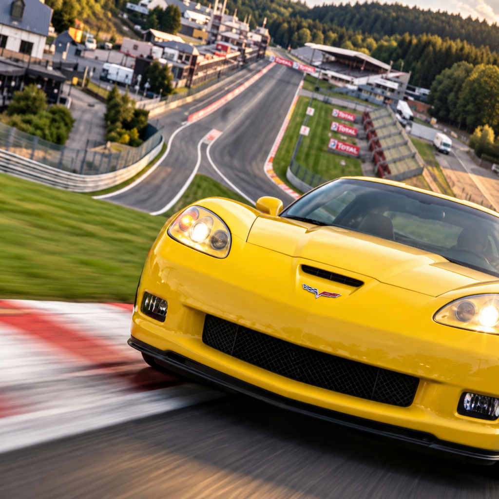 Front three-quarter view of a yellow 2006 Chevrolet Corvette Z06 negotiating a racetrack corner, with its headlights illuminated and distinctive front fascia, hood scoop, and crossed-flags emblem visible. The elevated racetrack stretches into the background, illustrating the high-performance capabilities of the LS7-powered Z06.
