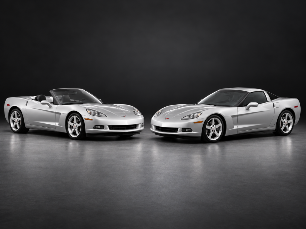 Side-by-side studio composite featuring two silver 2006 Chevrolet Corvette C6 models positioned nose-to-nose against a dark charcoal-gray background. On the left, a Corvette convertible is shown with its black soft top lowered, revealing the two-seat interior. On the right, a Corvette coupe features its fixed rear roof structure, removable roof panel, and distinctive sloping rear glass. Both vehicles display exposed projector-style headlamps, sculpted front fascias, five-spoke silver alloy wheels, and aerodynamic bodywork. Matching studio lighting, metallic silver paint finishes, and subtle floor reflections emphasize the similarities and differences between the two Corvette body styles.