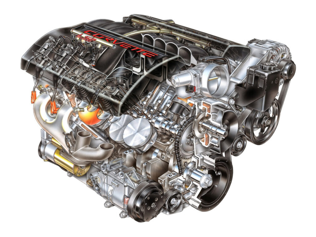 Detailed three-quarter cutaway illustration of the 2006 Chevrolet Corvette’s 6.0-liter LS2 V8 engine, revealing its internal mechanical components, including pistons, connecting rods, crankshaft, camshaft, pushrods, rocker arms, valves, and combustion chambers. The illustration also depicts the intake manifold, electronic throttle body, fuel injection system, exhaust passages, and accessory drive components. Metallic silver engine internals contrast with black Corvette-branded engine covers, red lettering, and highlighted combustion areas, providing a comprehensive visual representation of Chevrolet’s LS2 small-block V8 engineering.