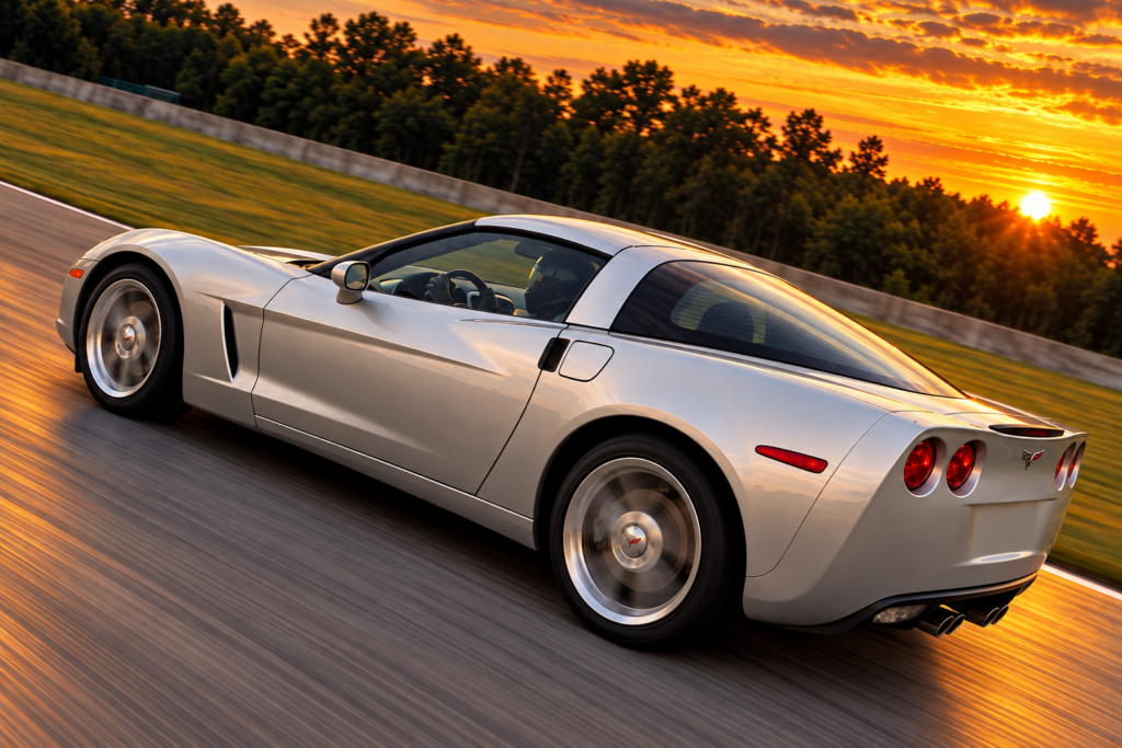 Silver 2006 Chevrolet Corvette C6 coupe accelerating along a racetrack at sunset, photographed from a low rear three-quarter perspective. Warm orange sunlight reflects across the Corvette's sculpted bodywork as its wheels blur against the pavement. A helmeted driver is visible inside, with the car's quad taillights, rear-mounted exhaust outlets, and distinctive fastback roofline prominently displayed.