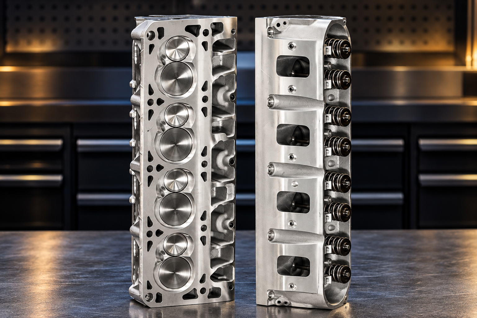 Two CNC-ported aluminum LS7 V8 cylinder heads displayed upright on a metallic workshop surface. The left cylinder head reveals four machined combustion chambers with large intake and exhaust valves, while the right head shows its rectangular ports, aluminum casting, and valve spring assemblies, highlighting the advanced airflow engineering of Chevrolet's 7.0-liter LS7 engine.