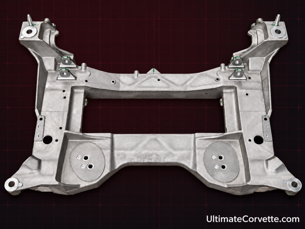 Detailed overhead view of the 2006 Chevrolet Corvette Z06's lightweight cast-magnesium engine cradle, showing its structural crossmembers, reinforced mounting points, and integrated attachment locations. The metallic component is displayed against a dark maroon technical-grid background with UltimateCorvette.com branding in the lower-right corner.