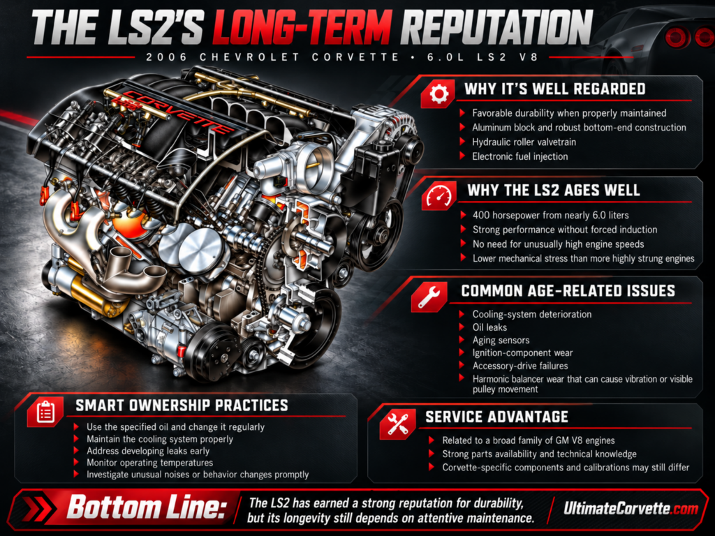 Detailed UltimateCorvette.com infographic titled "The LS2's Long-Term Reputation," featuring a large technical cutaway illustration of the 2006 Chevrolet Corvette's 6.0-liter LS2 V8 engine against a black and red automotive-themed background. Information panels describe the engine's durable aluminum construction, hydraulic roller valvetrain, electronic fuel injection, and 400-horsepower output. Additional sections identify common age-related concerns, including cooling-system deterioration, oil leaks, aging sensors, ignition-component wear, accessory-drive failures, and harmonic balancer problems. Maintenance recommendations emphasize regular oil changes, cooling-system care, temperature monitoring, and prompt mechanical inspections. A concluding statement reinforces the importance of preventative maintenance, with UltimateCorvette.com branding displayed at the bottom right.
