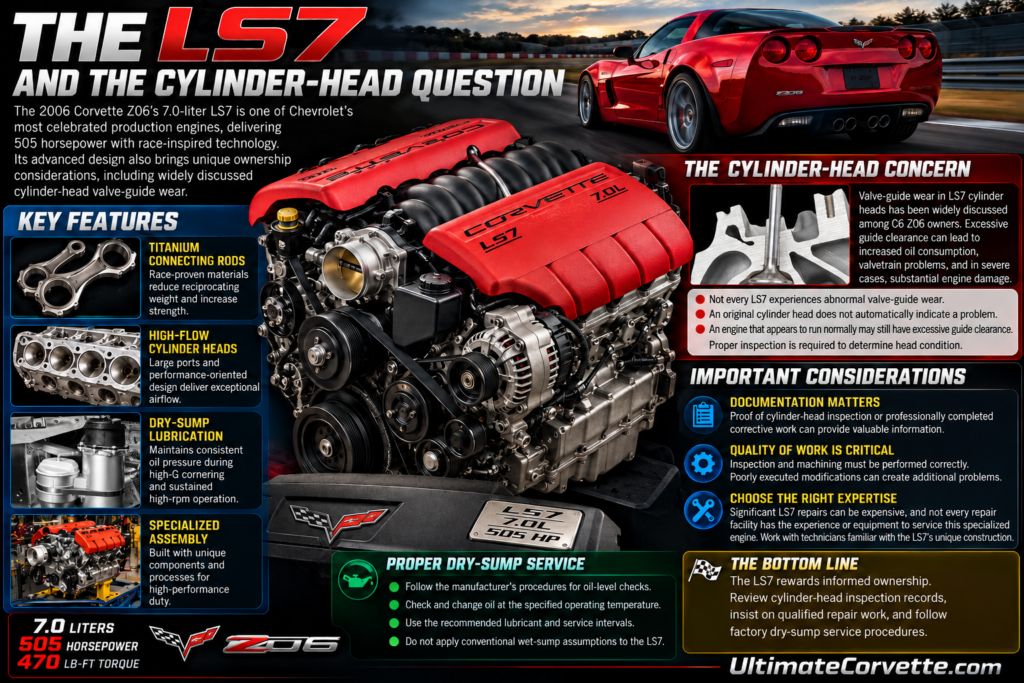 Detailed UltimateCorvette.com infographic titled "The LS7 and the Cylinder-Head Question," featuring a large illustration of the 2006 Corvette Z06's 505-horsepower, 7.0-liter LS7 V8 engine and a red C6 Z06 on a racetrack. Technical panels highlight titanium connecting rods, high-flow cylinder heads, dry-sump lubrication, and specialized engine assembly. A cutaway photograph illustrates a cylinder-head valve and guide, while a black-and-white photograph shows the LS7's external dry-sump oil reservoir. Additional information explains potential valve-guide wear, professional inspections, documented repairs, proper lubrication procedures, and specialized maintenance requirements. UltimateCorvette.com branding appears at the bottom right.