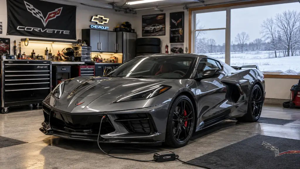Photorealistic landscape image of a dark gray C8 Corvette parked inside a clean enthusiast’s garage for winter storage, connected to a battery maintainer on the floor. The garage features Corvette and Chevrolet signage, a large toolbox, workbench cabinets, stacked tires, and bright fluorescent lighting, while a large window looks out onto a snowy field with barren trees on a cold winter day.