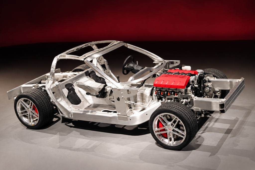 Exposed aluminum chassis of a 2006 Chevrolet Corvette Z06 displayed against a subdued maroon-to-black studio background. The lightweight structural frame, fixed-roof framework, LS7 V8 engine with red covers, suspension components, wheels, and red brake calipers are visible, illustrating the Z06's specialized lightweight construction.