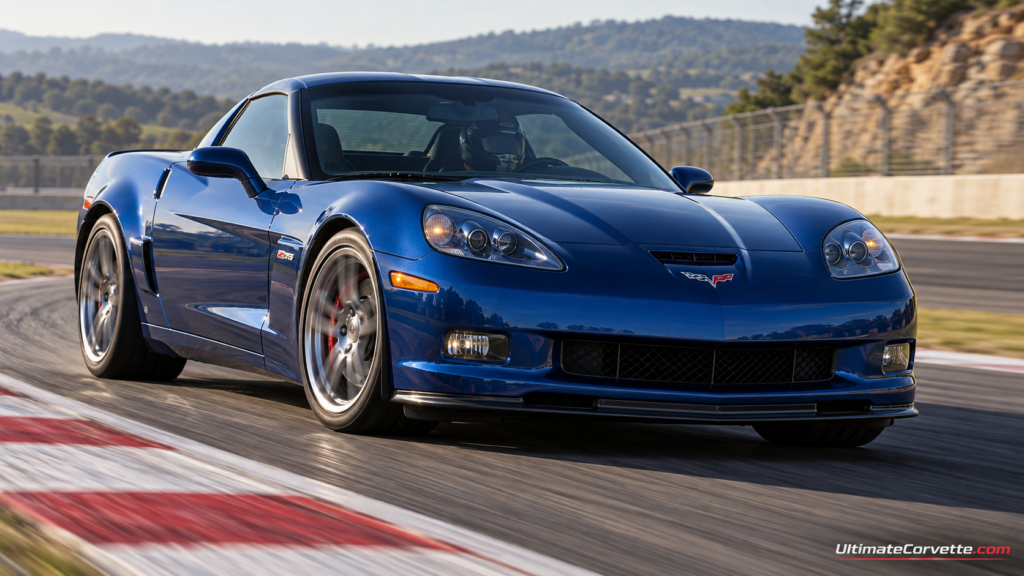 Blue 2006 Chevrolet Corvette Z06 negotiating a racetrack corner, photographed from a low front three-quarter angle. The image highlights the car's wide stance, distinctive front fascia, sculpted fenders, and performance wheels, with a helmeted driver visible through the windshield. UltimateCorvette.com branding appears in the lower-right corner.