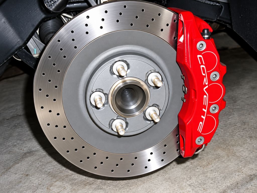 Close-up of a 2006 Chevrolet Corvette Z06 high-performance brake assembly, featuring a large cross-drilled and ventilated steel rotor, clean silver wheel hub with five mounting studs, and bright red multi-piston caliper displaying white CORVETTE lettering. The restored assembly highlights the Z06's upgraded braking hardware and performance-oriented engineering.