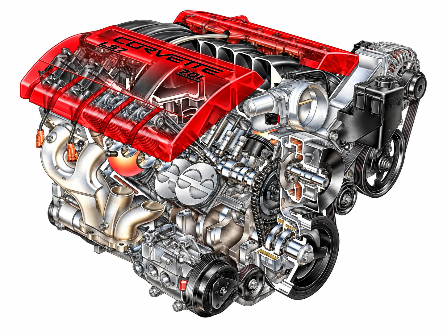 Technical cutaway illustration of the 2006 Corvette LS7 7.0-liter V8 engine, showing the red Corvette-branded intake and valve covers, visible internal engine components, throttle body, accessory drive, and exhaust headers.